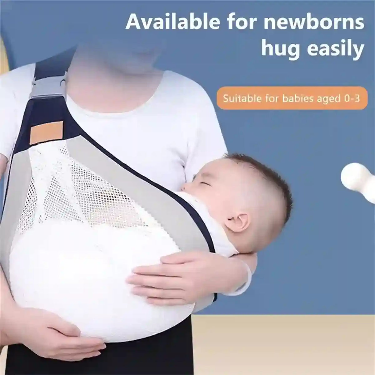 Person holding a baby in a white baby carrier with text indicating suitability for newborns.