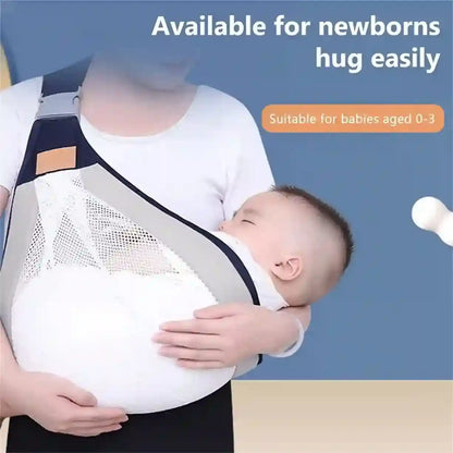 Person holding a baby in a white baby carrier with text indicating suitability for newborns.