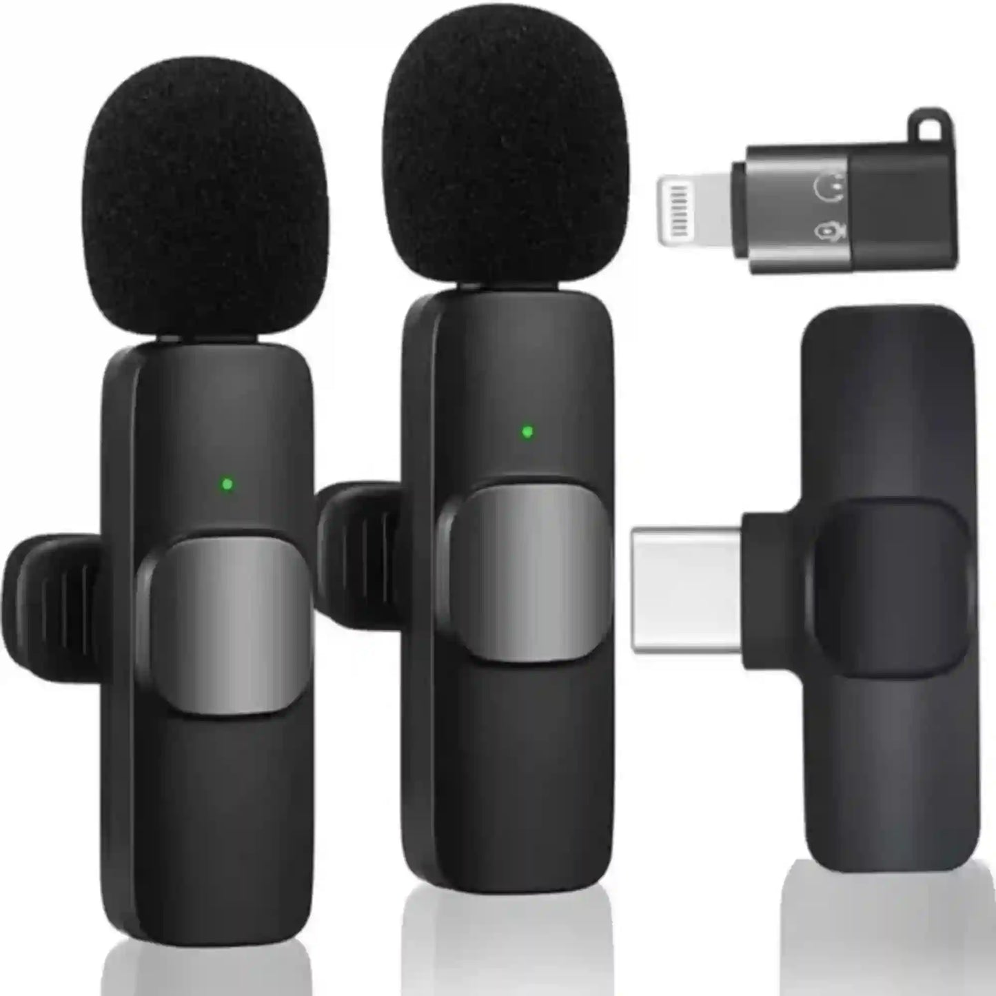 Two black microphones with clip-on attachments and a receiver on a white background