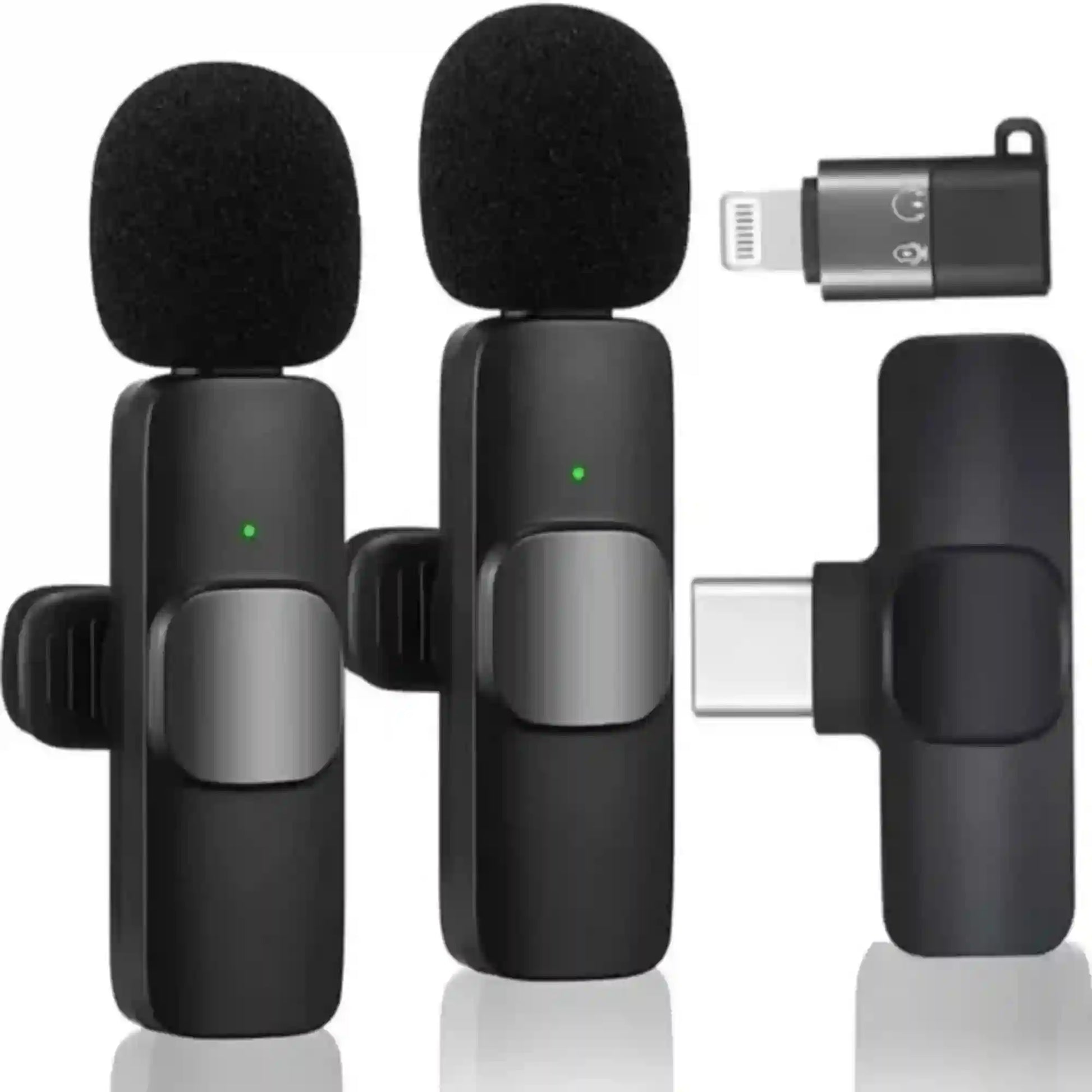 Two black microphones with clip-on attachments and a receiver on a white background