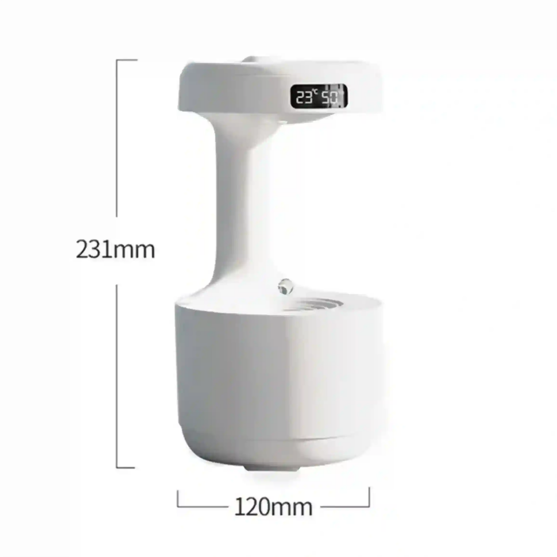 White electronic device with digital display and measurements on a white background