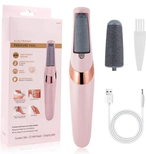 Pink electronic pedicure tool with packaging, roller heads, and charging cable on a white background