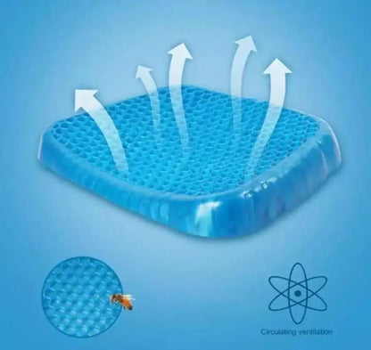 Blue gel seat cushion with circulating ventilation arrows on a blue background
