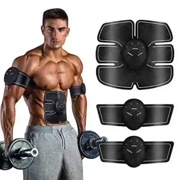Man with muscular build holding dumbbells next to black EMS muscle stimulators on a white background