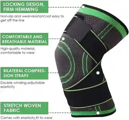Knee brace with green text highlighting features on a white background