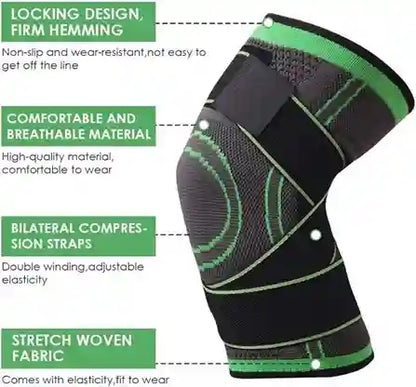 Knee brace with green text highlighting features on a white background