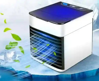 Portable air conditioner with blue light on a white background