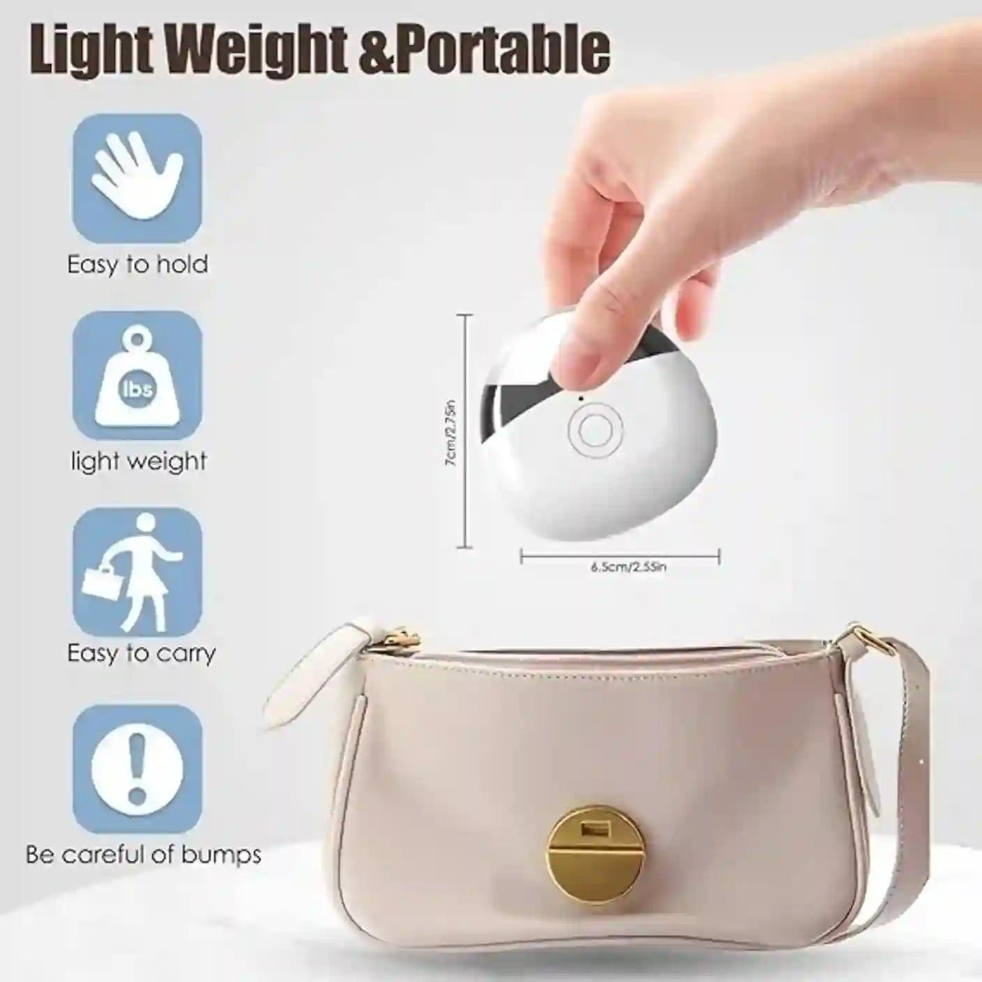 Small white device being held above a handbag with text indicating its lightweight and portable nature.