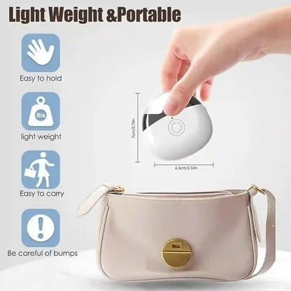 Small white device being held above a handbag with text indicating its lightweight and portable nature.