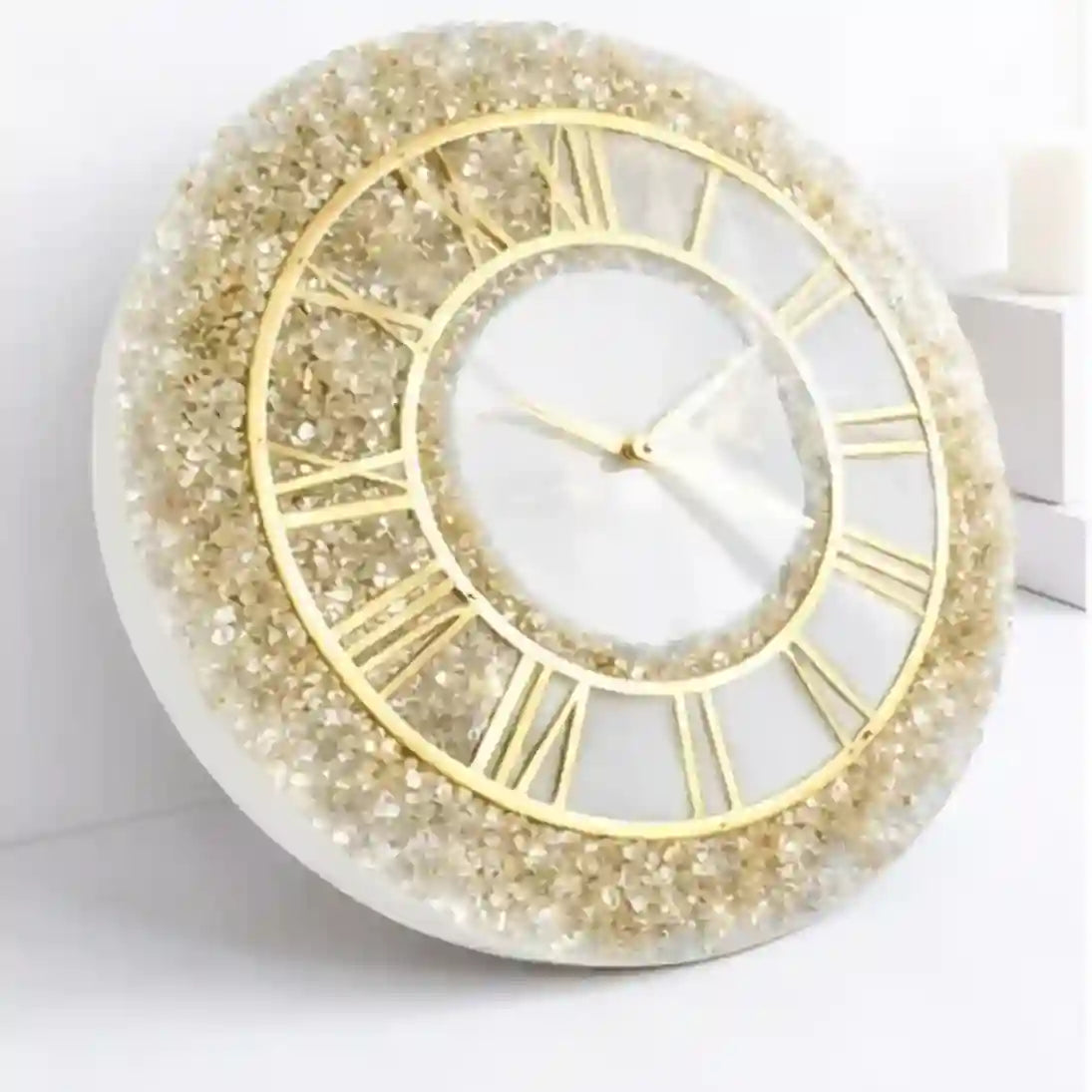 Mehmat Collection White Fire Glass Decorative wall clock with gold Roman numeral design on a white background