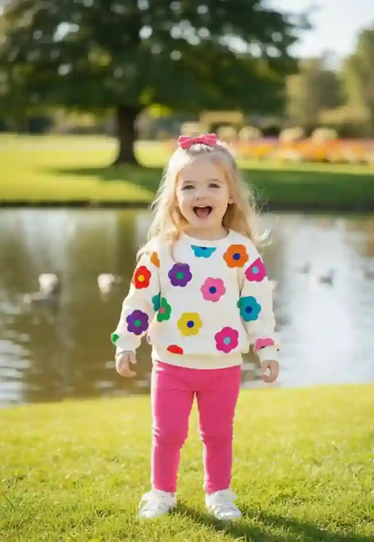Child wearing a colorful floral sweater and pink pants standing by a pond with trees in the background.