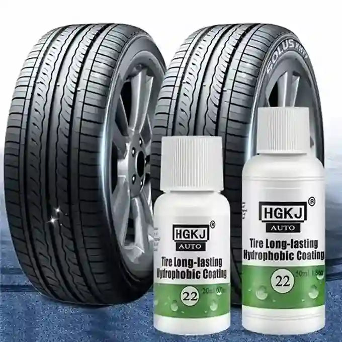 Two tires and two bottles of HGKJ Auto tire coating on a blue background