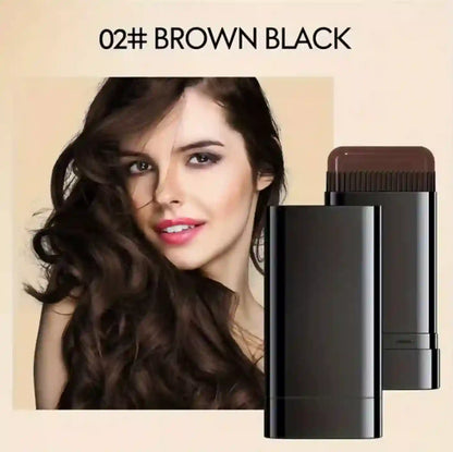 Woman with styled hair next to a hair coloring product labeled '02# Brown Black'.