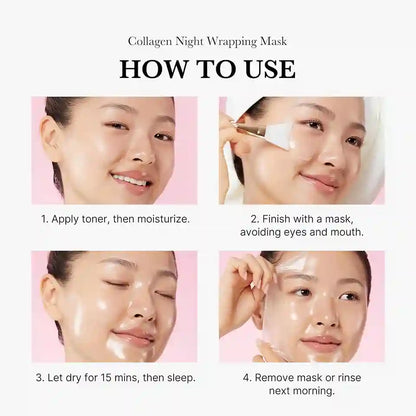 Instructions on how to use a collagen night wrapping mask with step-by-step images and text.