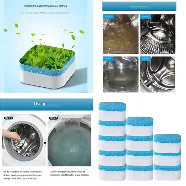 Product packaging with text and images of a washing machine and cleaning products.