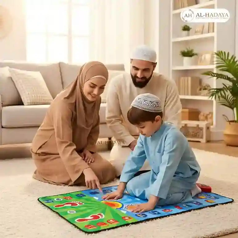 Family playing on a colorful mat in a living room