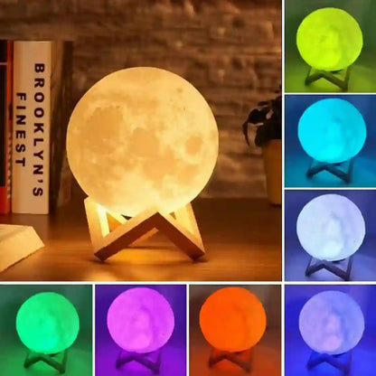Moon lamp with multiple color options displayed on a wooden stand.