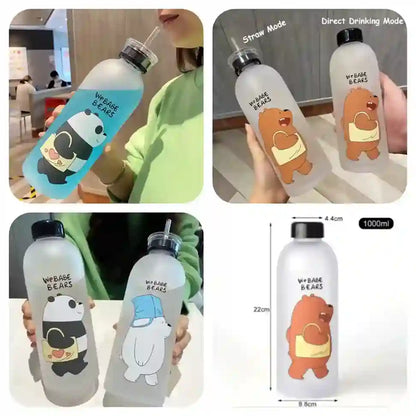 Water bottles with cartoon bear designs and measurement details.