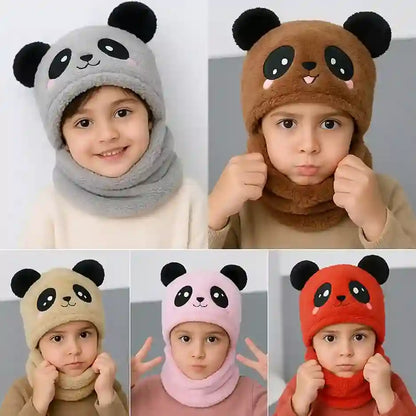 Collage of children wearing panda-themed hats in various colors.