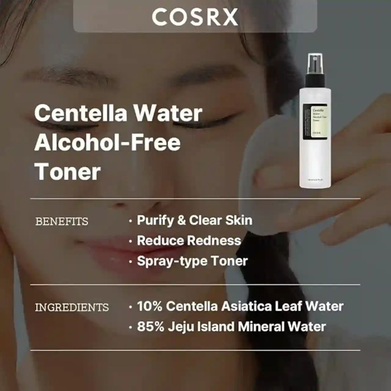 COSRX Centella Water Alcohol-Free Toner advertisement with a woman applying toner.