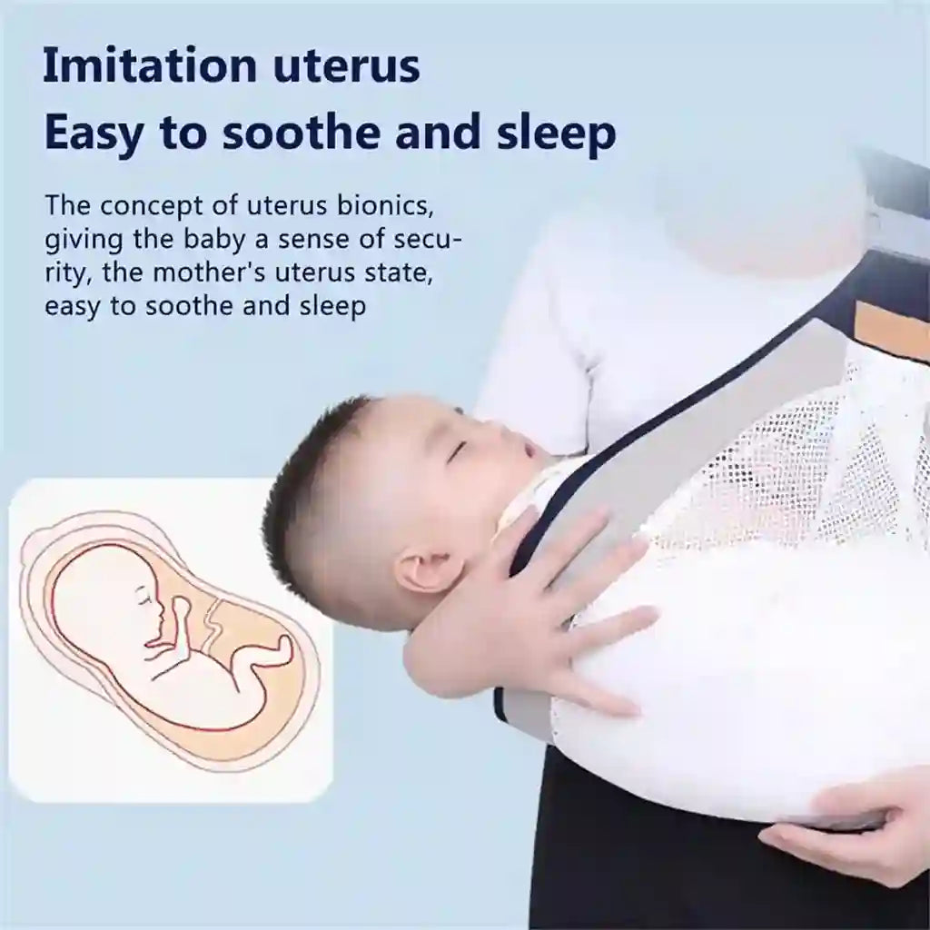 Baby in a carrier with text about 'imitation uterus' and its benefits