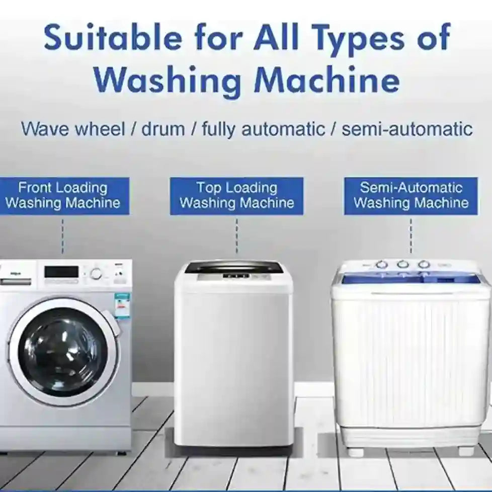 Three types of washing machines on a gray background with text indicating compatibility.