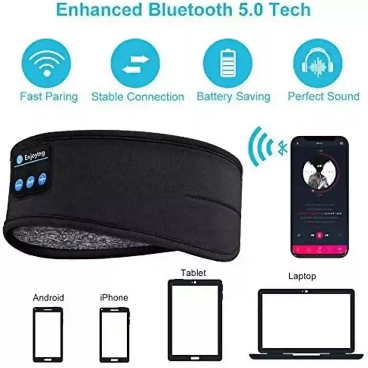 Black Bluetooth headband with smartphone app interface, connectivity icons, and device compatibility symbols on a white background.