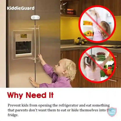 Advertisement for KiddleGuard showing a child trying to open a refrigerator with safety features highlighted.
