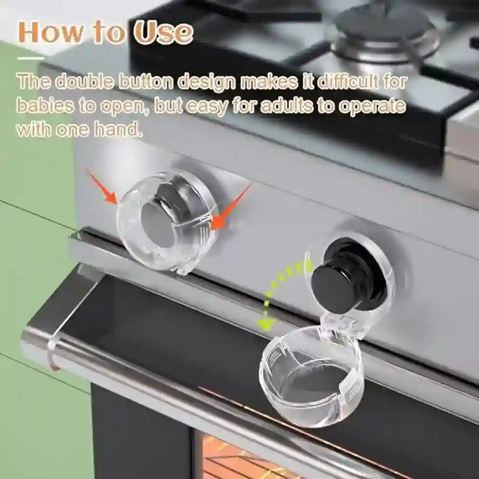 Stove with clear safety covers on knobs, showing how to use them.
