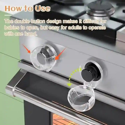 Stove with clear safety covers on knobs, showing how to use them.