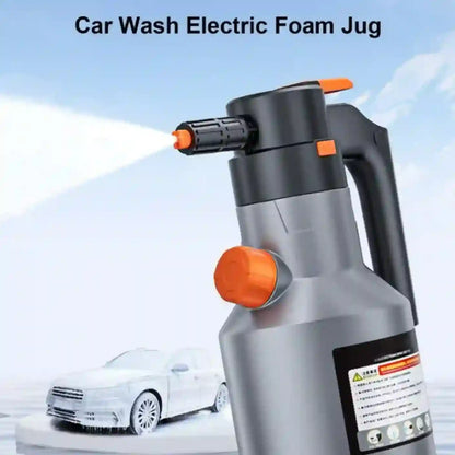Car wash electric foam jug with a car in the background on a light blue gradient background