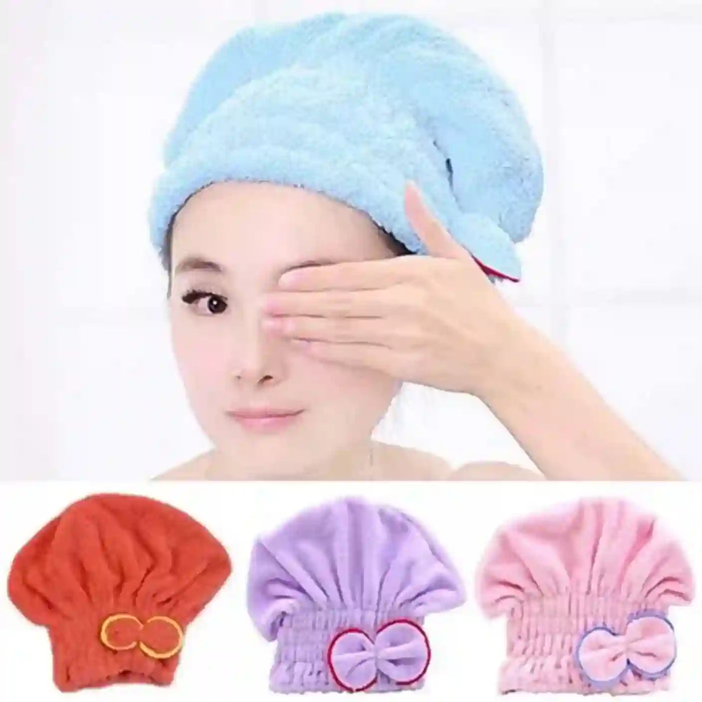 Woman wearing a blue towel cap with additional caps in red, purple, and pink displayed below on a white background.