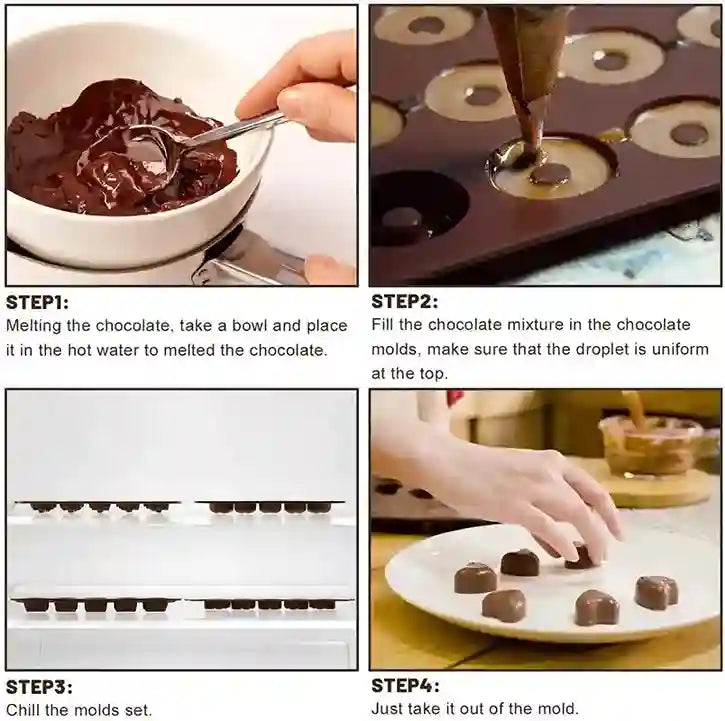 Step-by-step process of making chocolate truffles with images and text instructions.