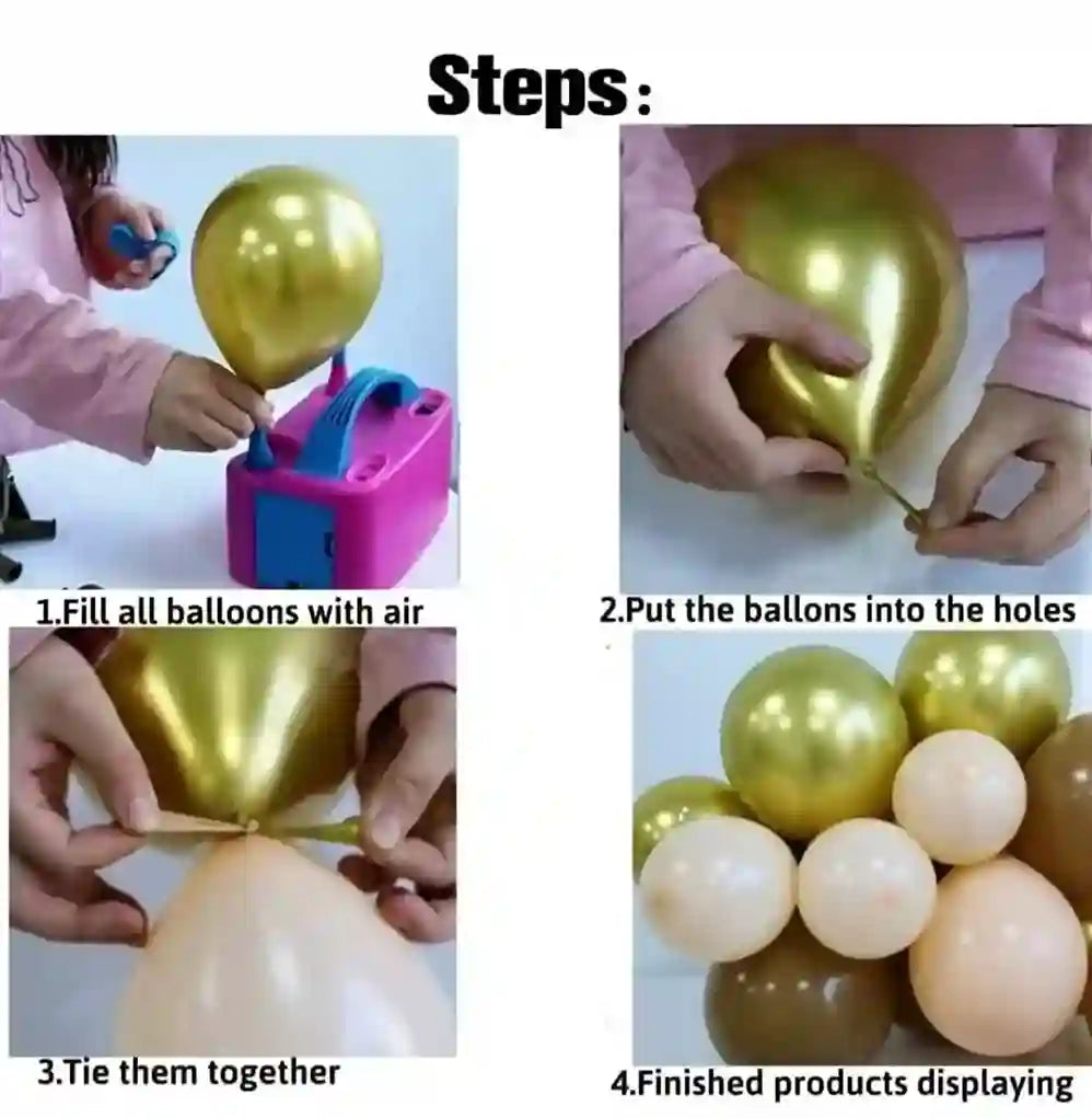 Steps to inflate and arrange balloons with text instructions.