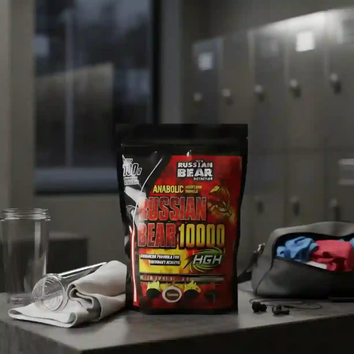 Russian Bear 10000 supplement package on a table with gym equipment in the background