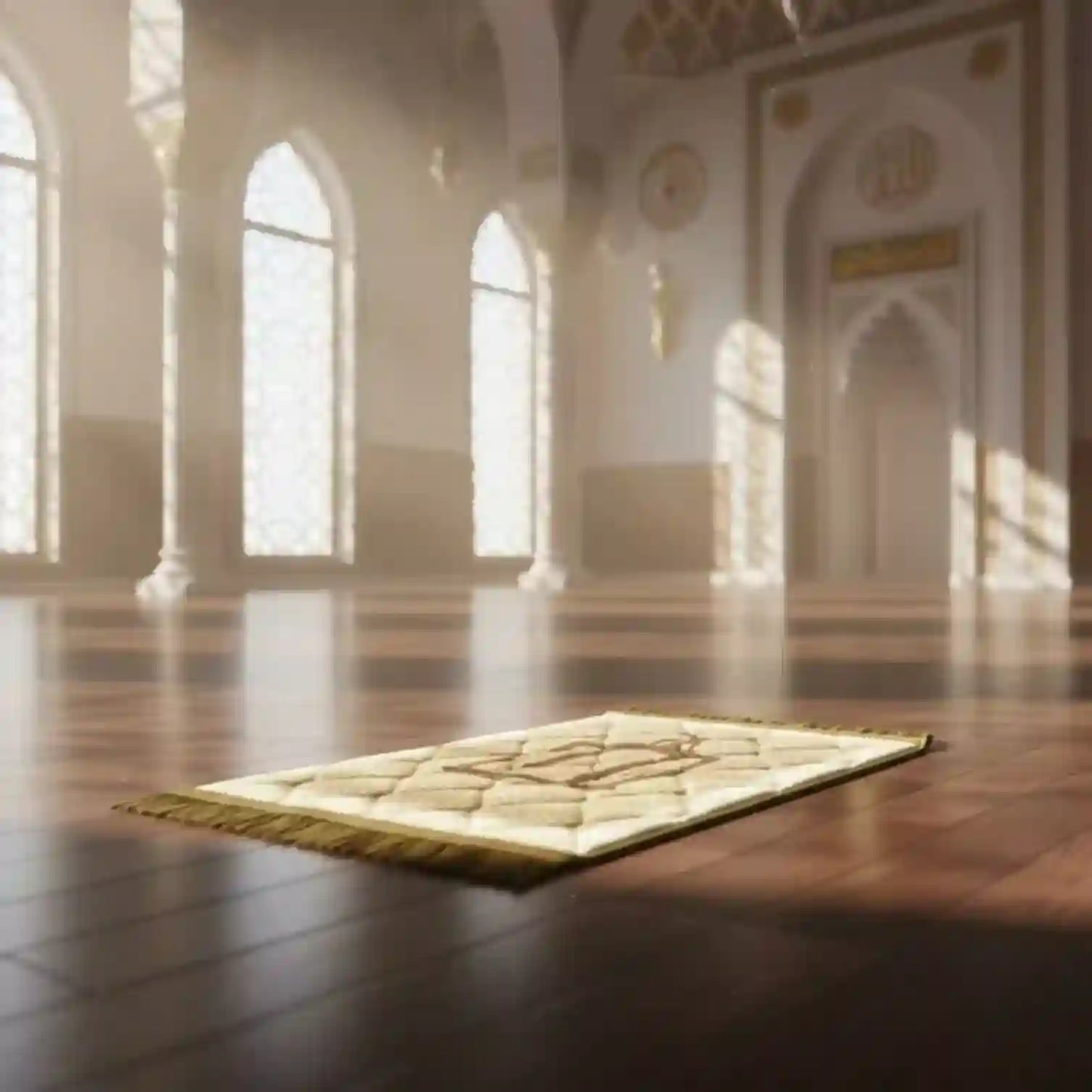 Empty prayer mat on a wooden floor in a large, bright mosque with Arabic calligraphy.