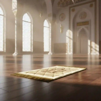 Empty prayer mat on a wooden floor in a large, bright mosque with Arabic calligraphy.