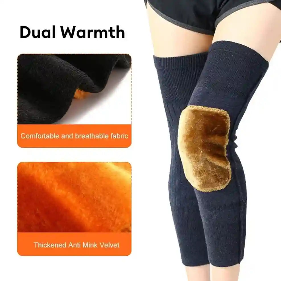 Navy knee warmers with thickened anti-mink velvet padding on a white background, featuring text about dual warmth and fabric types.