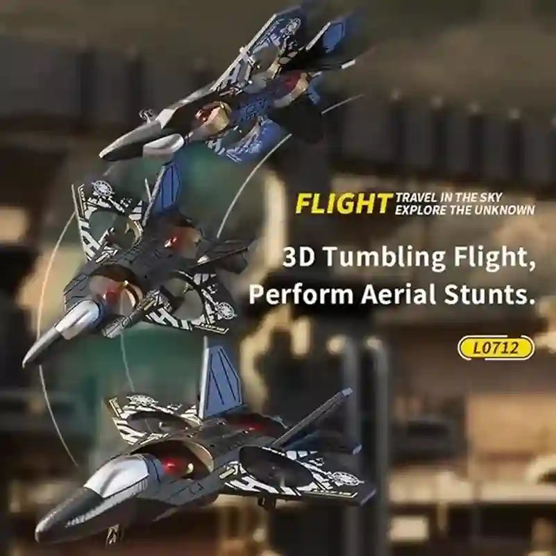 Toy airplane performing aerial stunts with text about 3D tumbling flight and brand name.