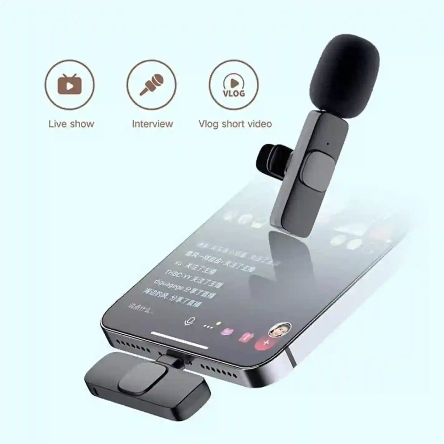 Phone with a microphone attachment on a light blue background