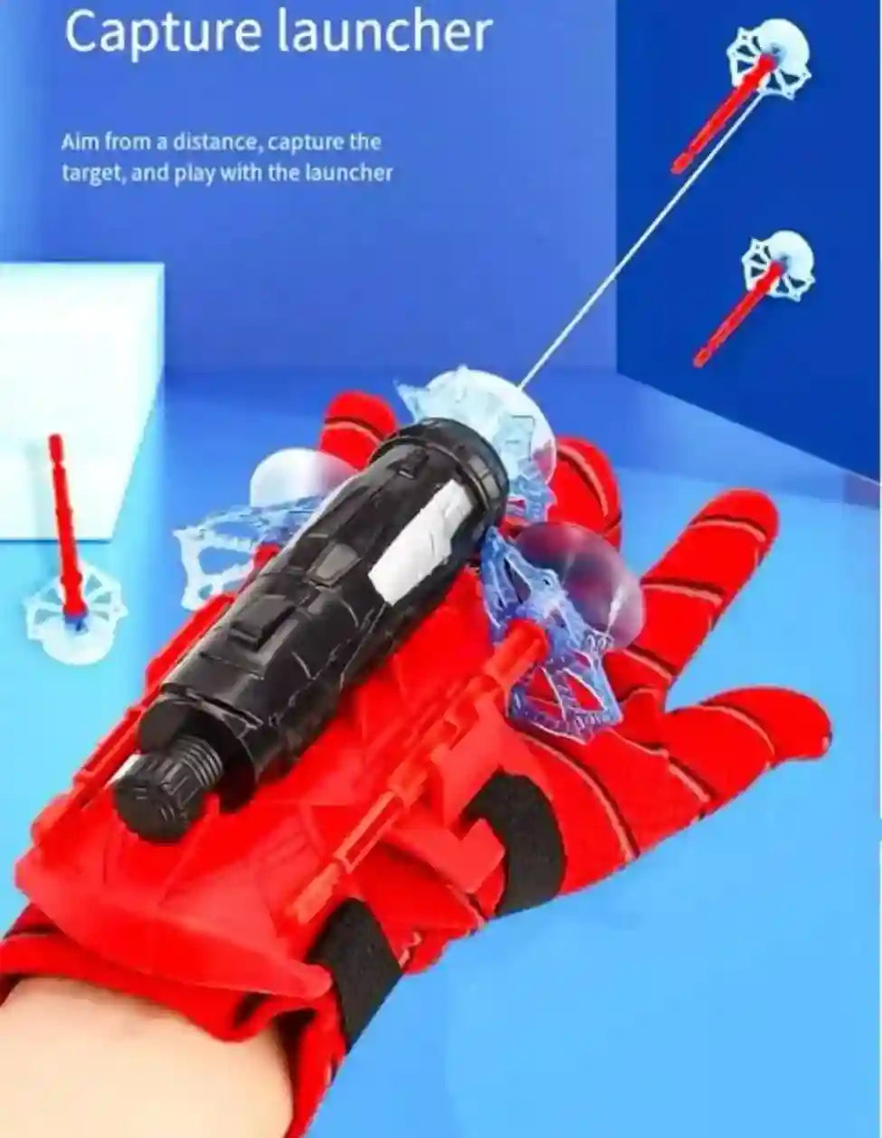 Red and black capture launcher with darts on a blue background