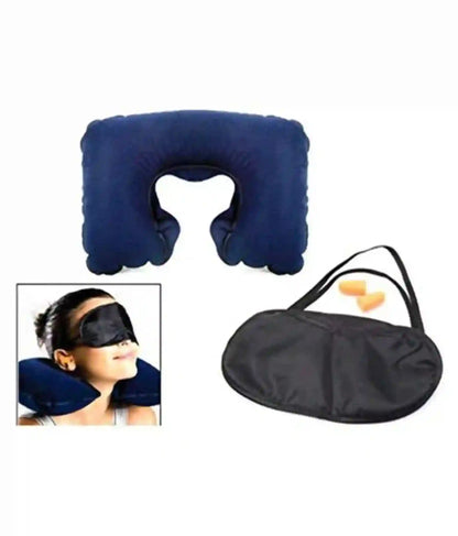 Navy blue inflatable travel neck pillow with a black eye mask on a white background.