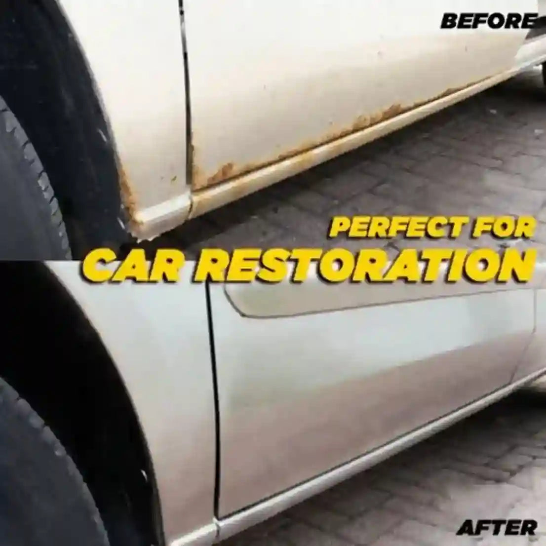 Car with rust and damage on a driveway, labeled 'Before', with text 'Perfect for Car Restoration' and 'After' in the corner.