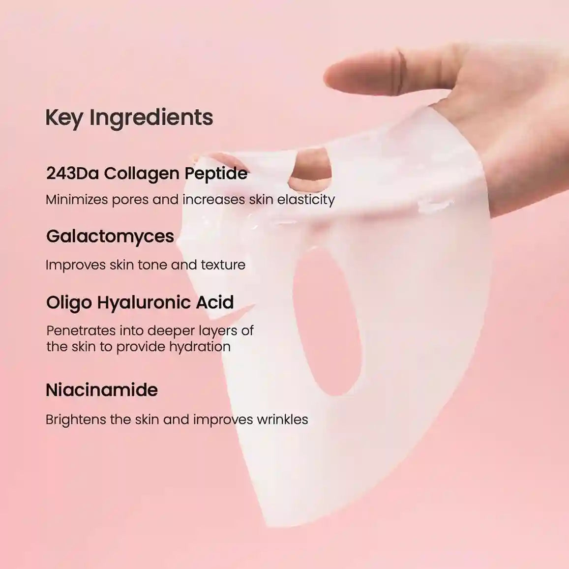 Skin care mask with key ingredients listed on a pink background