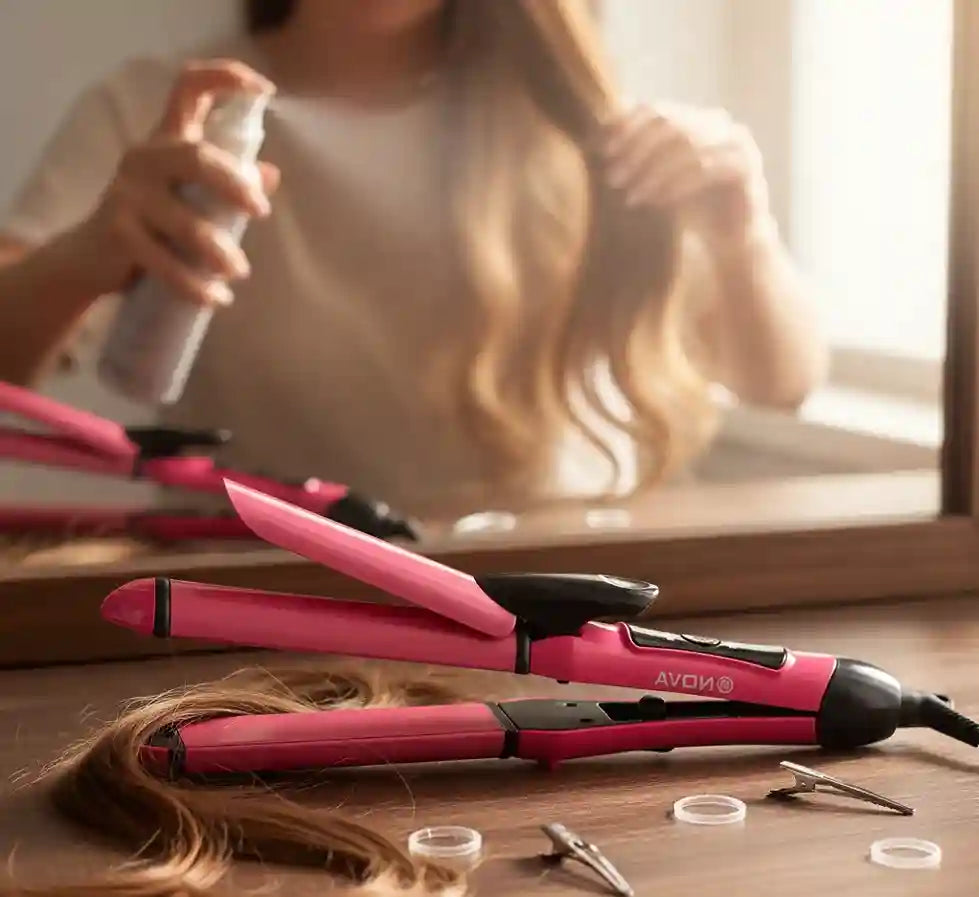 Pink hair straightener on a wooden surface with a blurred background of a person styling hair.
