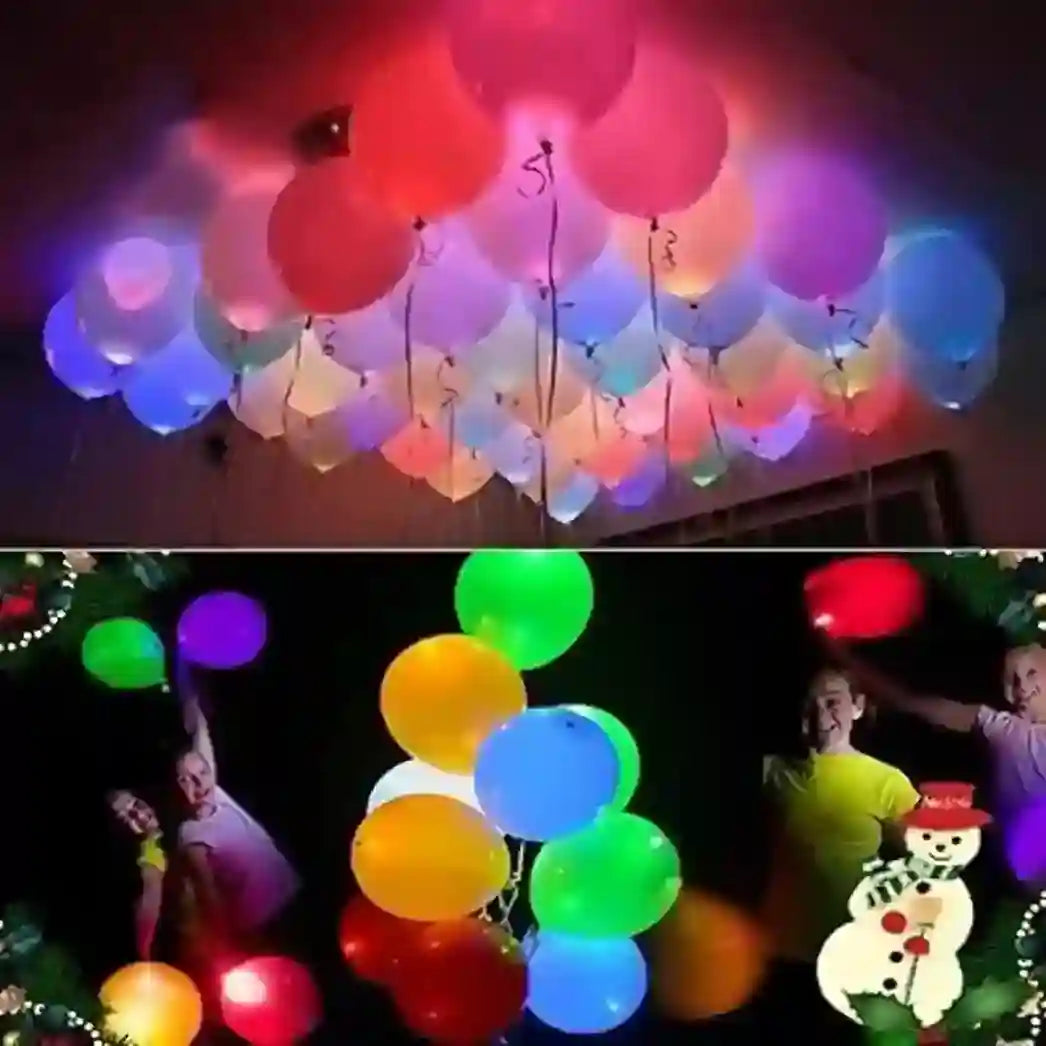 Colorful LED balloons glowing in a dark room with people and a snowman decoration.