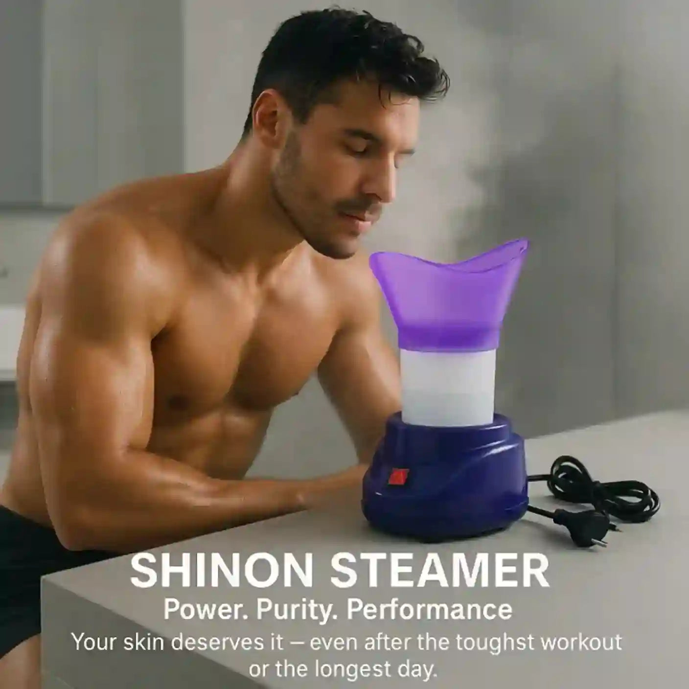 Man using a Shinson Steamer on a table with promotional text.