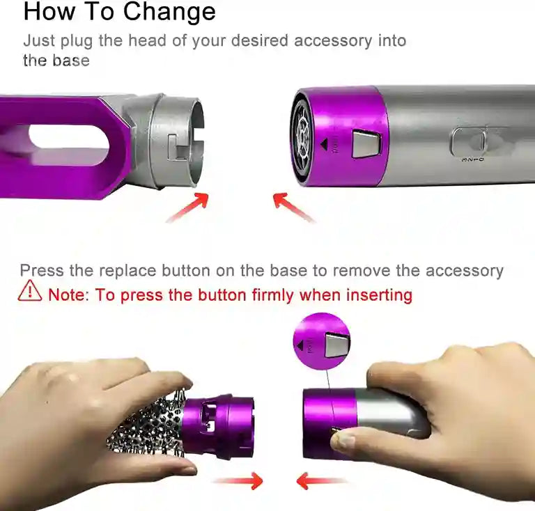 Instructions on how to change an accessory on a device with purple and silver components.