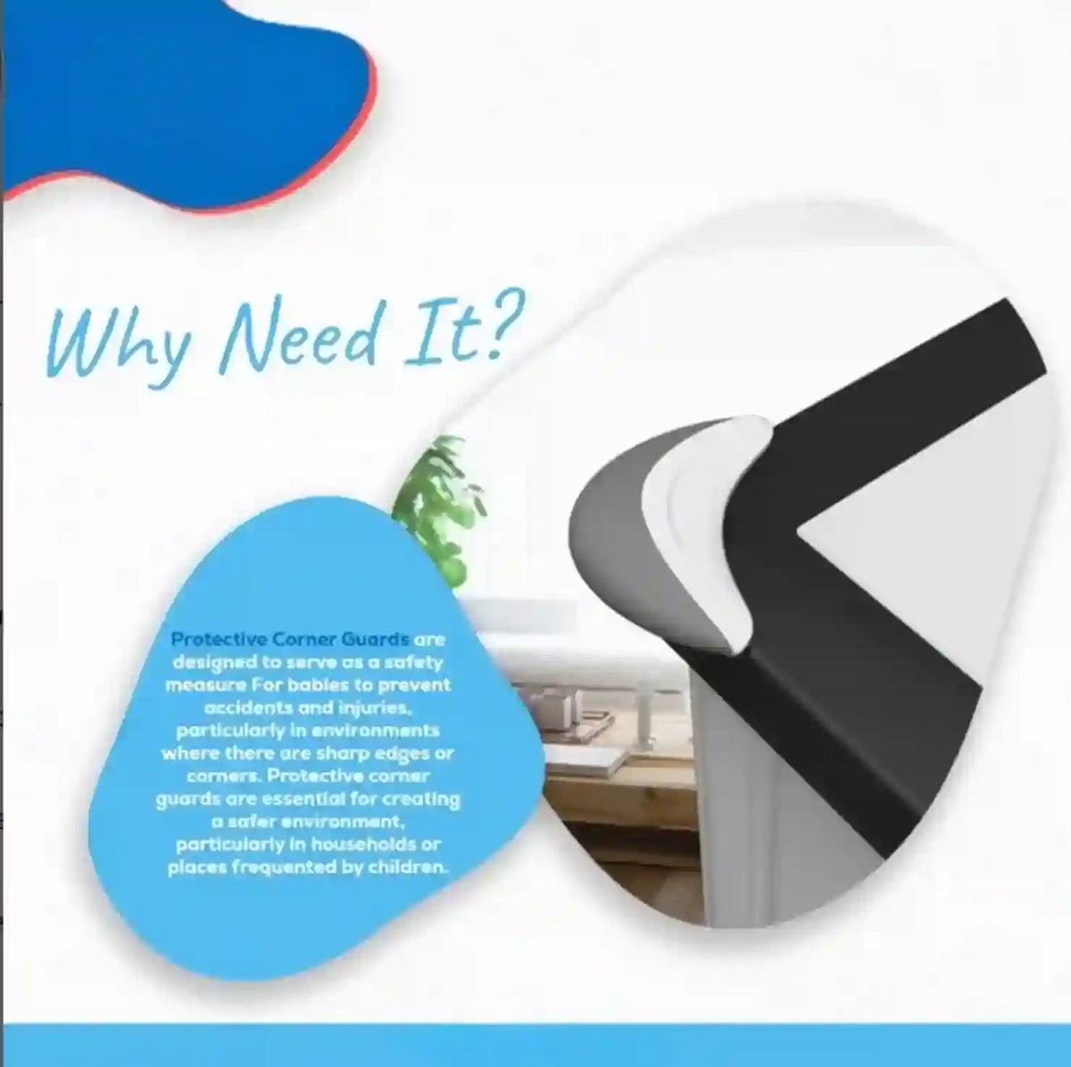 Protective corner guards with text explaining their safety benefits on a white background.