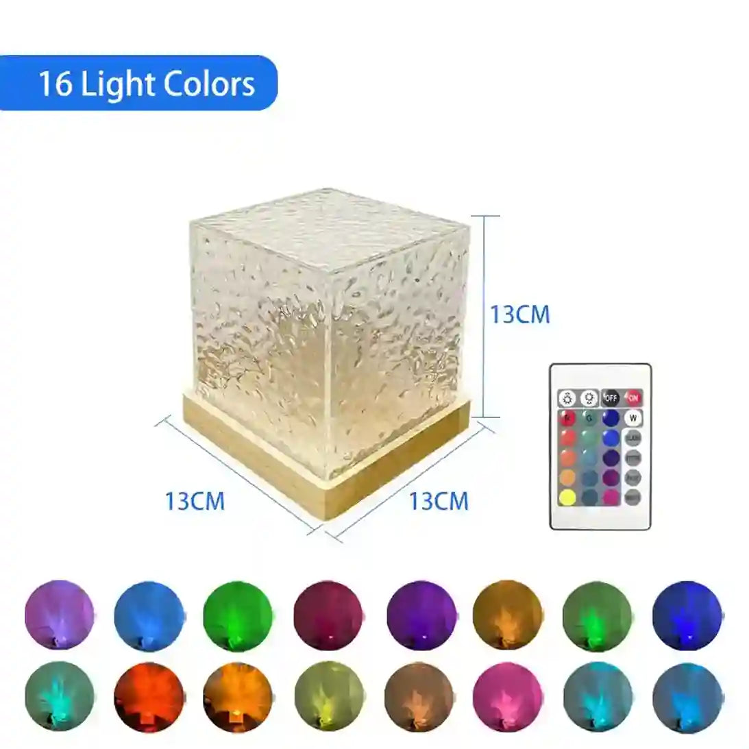 Cube-shaped LED light with remote control and color options on a white background